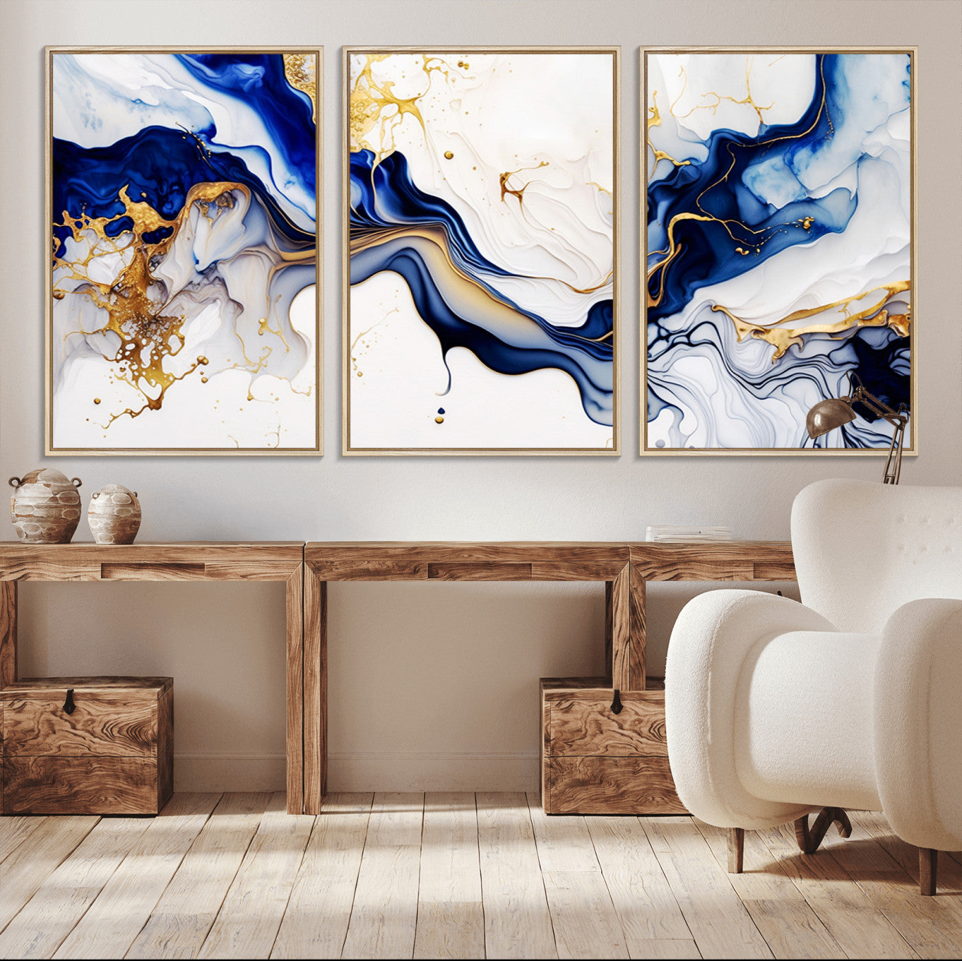 MGV-FC-60X30-3P - Golden Cascades on Midnight Blue – Deep Blue Abstract Wall Art Flowing Elegance | Wall Art Canvas,