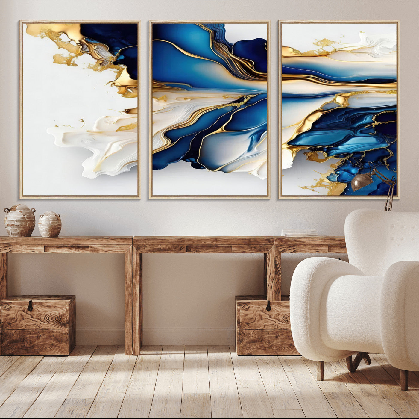MGV-FC-60X30-3P - Gold Marble Art - Abstract Geode Gold And Blue Marble Shape 3 Pieces Wall Art Canvas Print