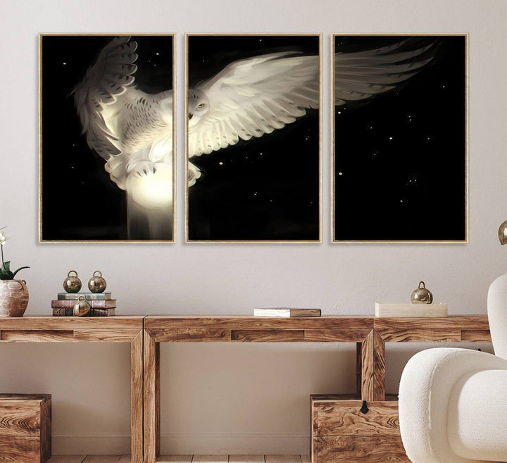 The Night Owl Art graces the wall with its depiction of a snowy owl on a glowing orb, perfect for modern decor.