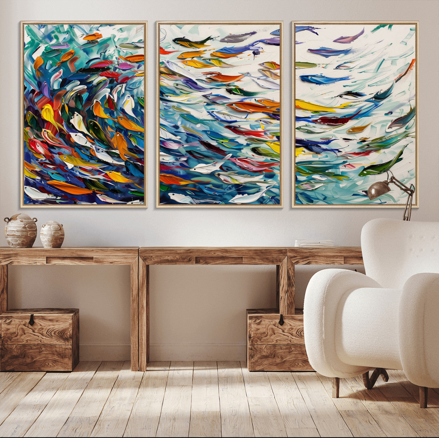 80105-MGV-FC-60X30-3P_Natural-Modern Abstract Fish Shoal Wall Art Canvas Print, Colorful Fish Herd Painting on Canvas Print, Ocean