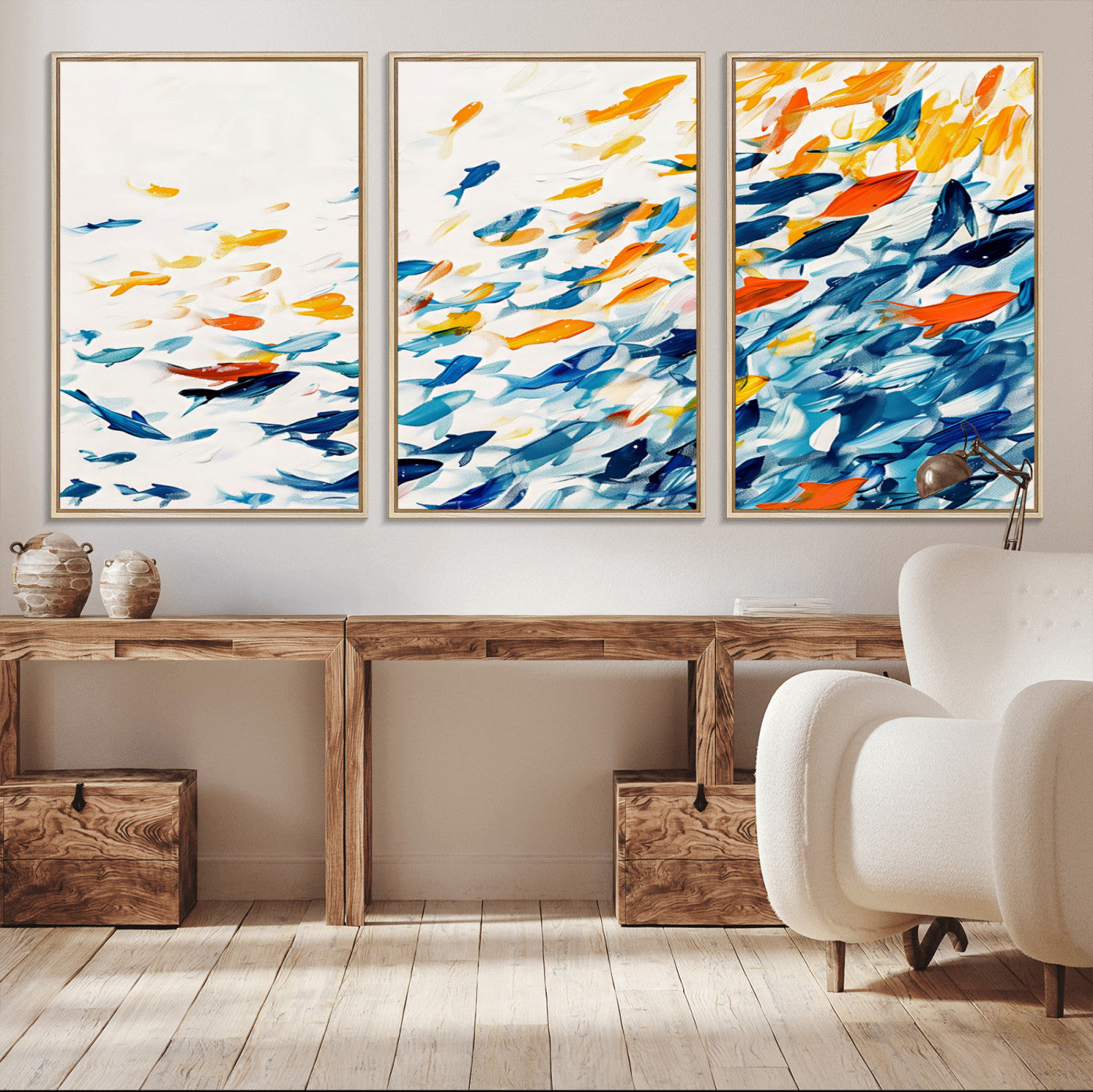 MGV-FC-60X30-3P - Abstract Fish Shoal Wall Art Canvas Print, Colorful Fish Herd Painting on Canvas Print, Ocean Animal
