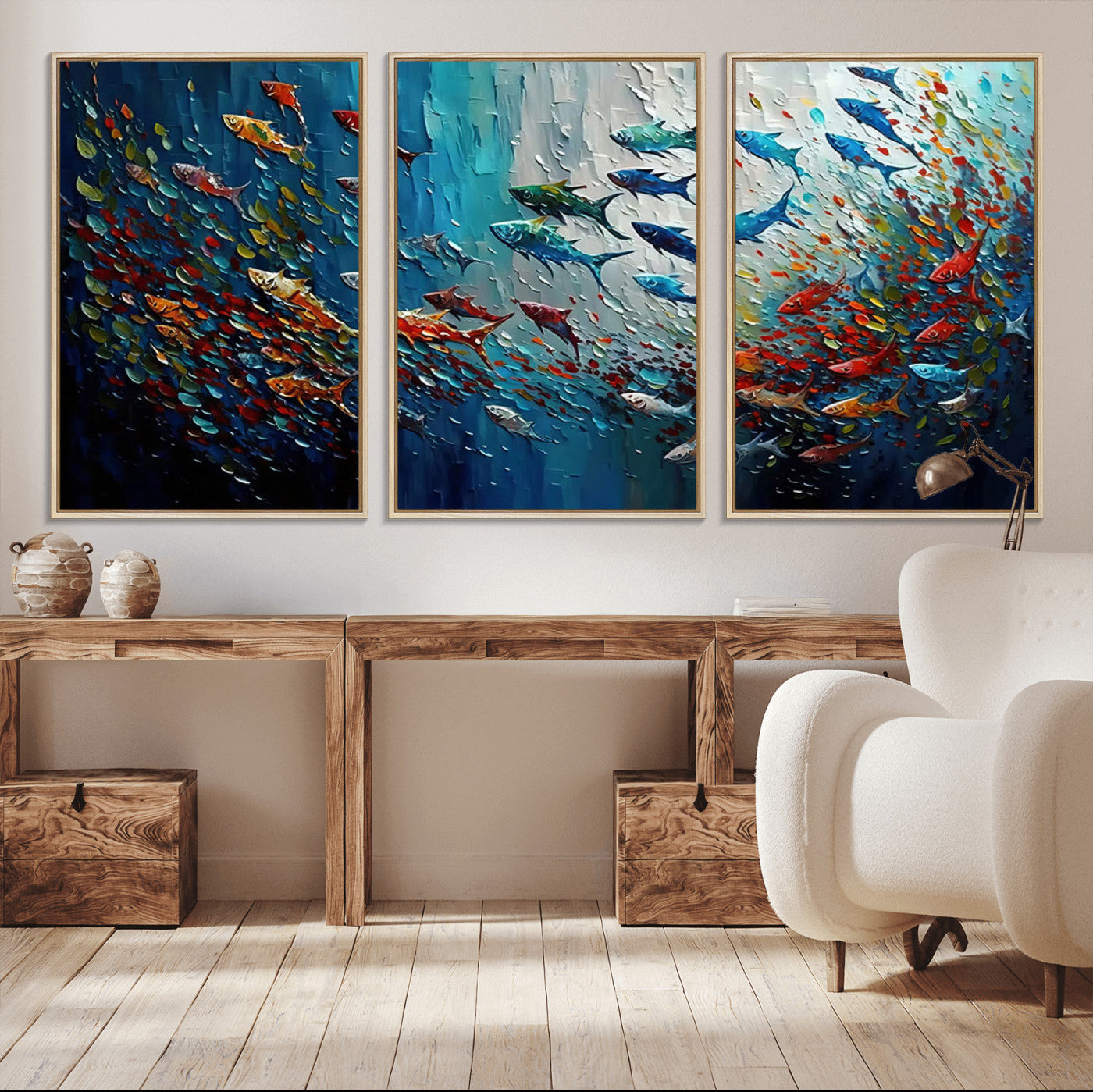 MGV-FC-60X30-3P - Modern Abstract Fish Shoal Wall Art Canvas Print, Colorful Fish Herd Painting on Canvas Print, Ocean
