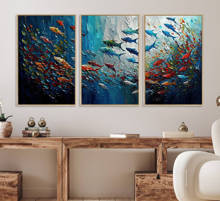 Modern Abstract Fish Shoal Wall Art features blue, red, and orange fish.