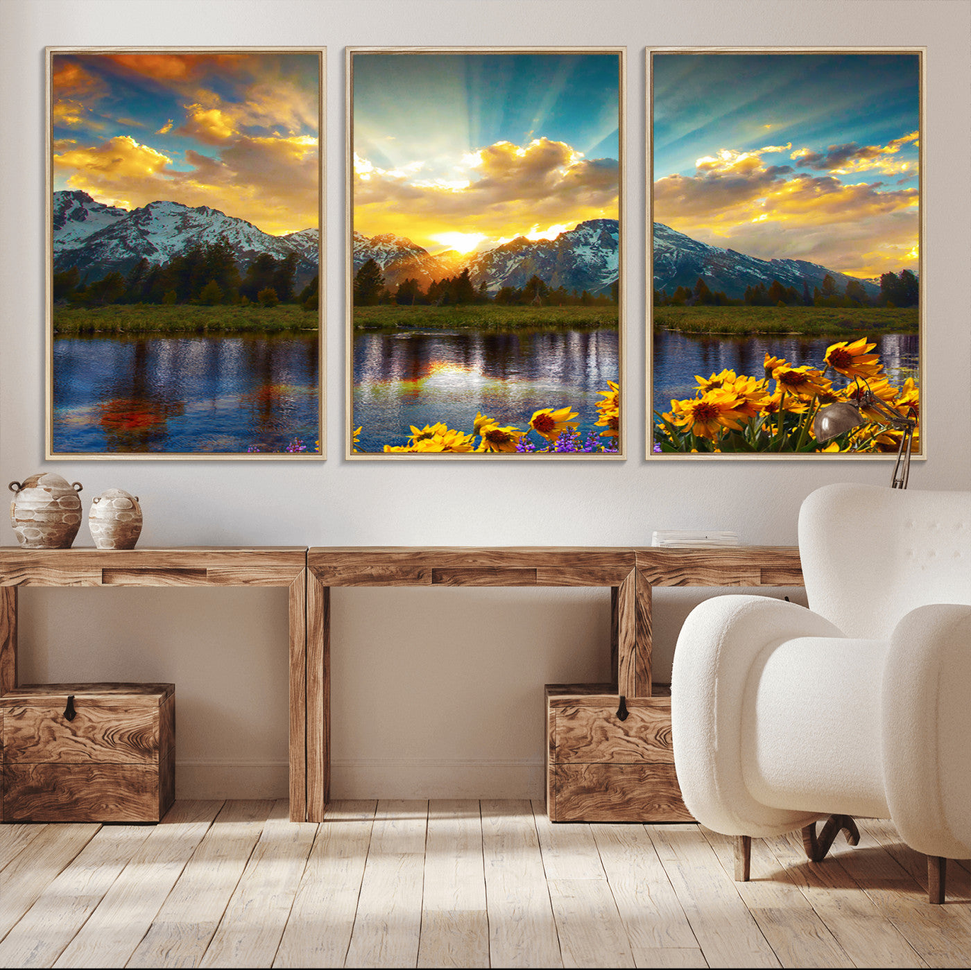 MGV-FC-60X30-3P - Grand Teton Park Amazing Mountain Landscape Sunset Wall Art Canvas Print