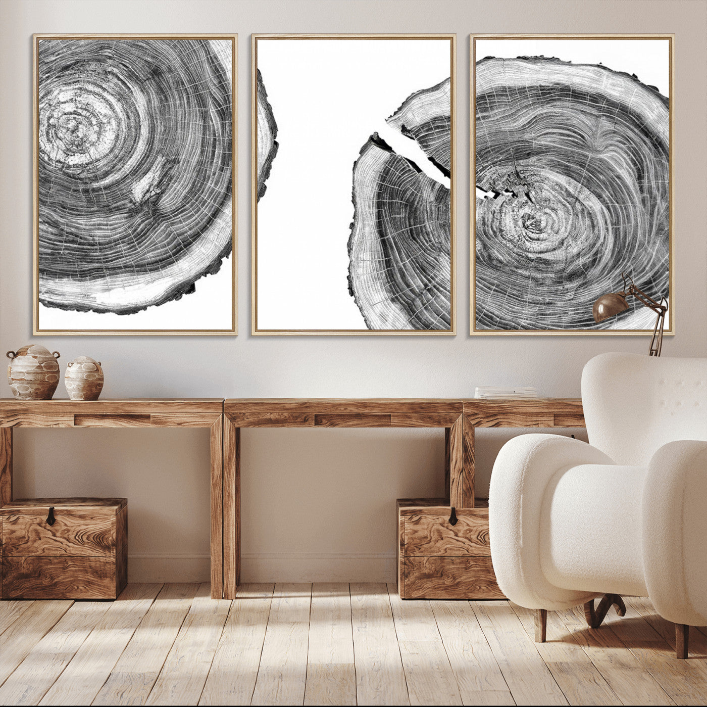 MGV-FC-60X30-3P - Modern Black and White Tree Rings Canvas Wall Art – Nature Inspired Wood Slice Print – Minimalist
