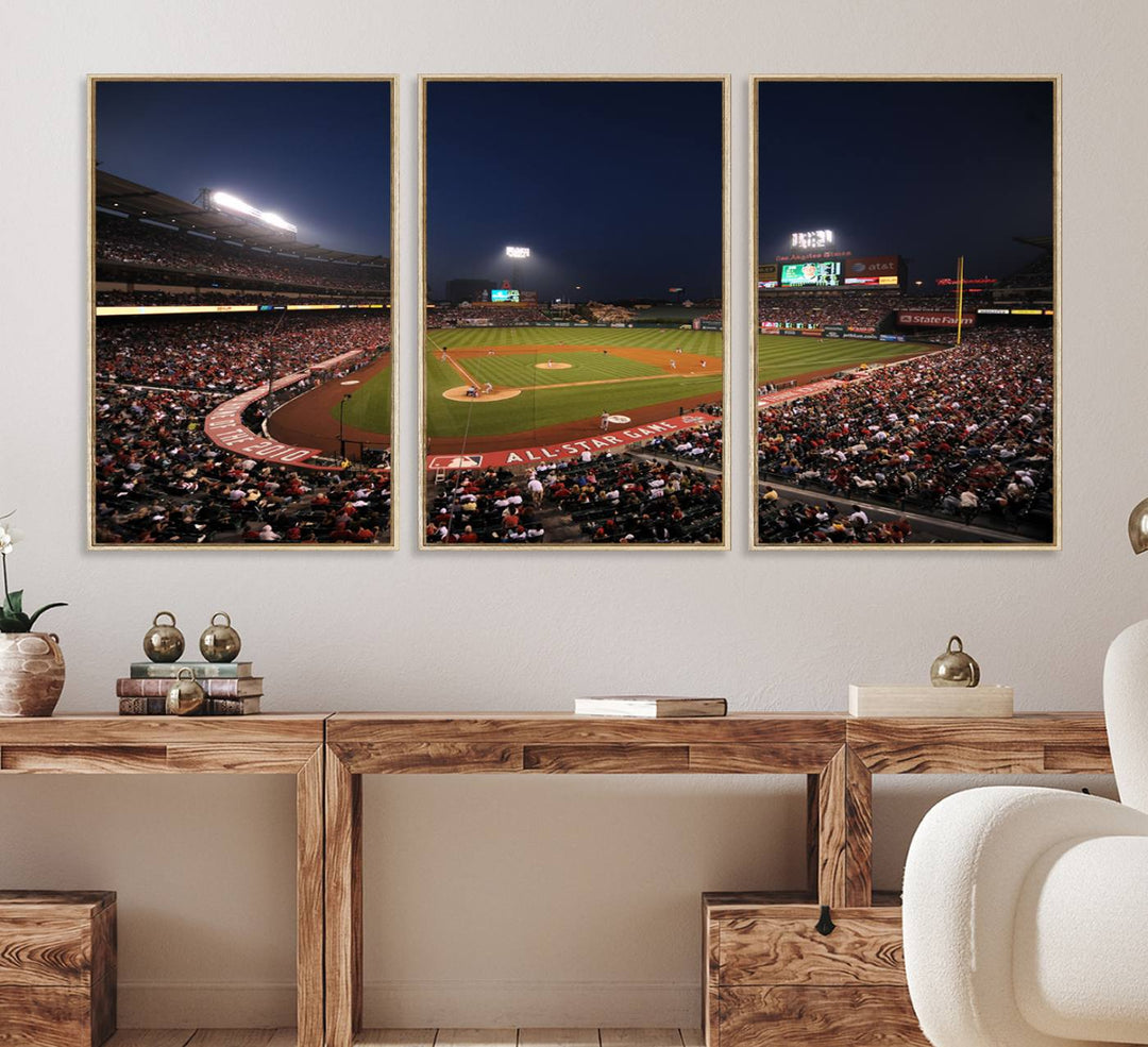 Aerial view of an LA Angels game at night, captured as stunning wall art on premium canvas, handmade in the USA.