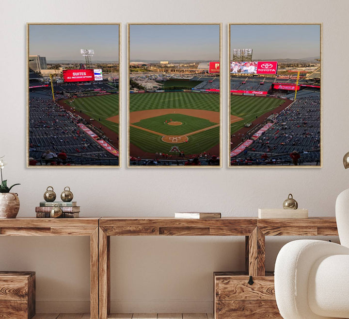 Aerial view of Angel Stadium, perfect as gallery-quality wall art - Los Angeles Angels Canvas Print.