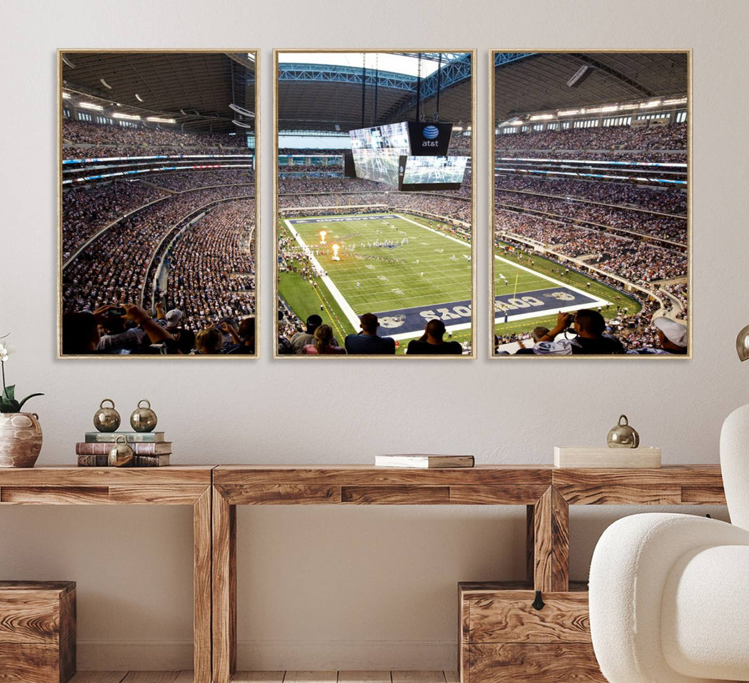 The wall art is a Dallas Cowboys AT&T Stadium Canvas Print, showcasing the iconic logo.