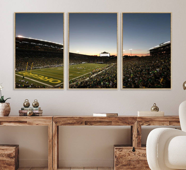 Canvas artwork depicting an Oregon Ducks football game at Autzen Stadium, capturing a sunset and packed stands.