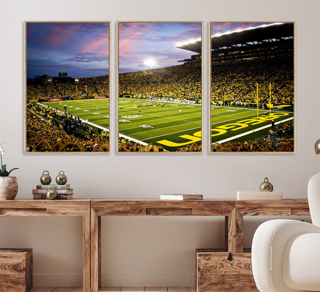 This gallery-quality canvas print features a depiction of the OREGON field filled with fans at sunset, capturing the essence of the University of Oregon Ducks Autzen Stadium.