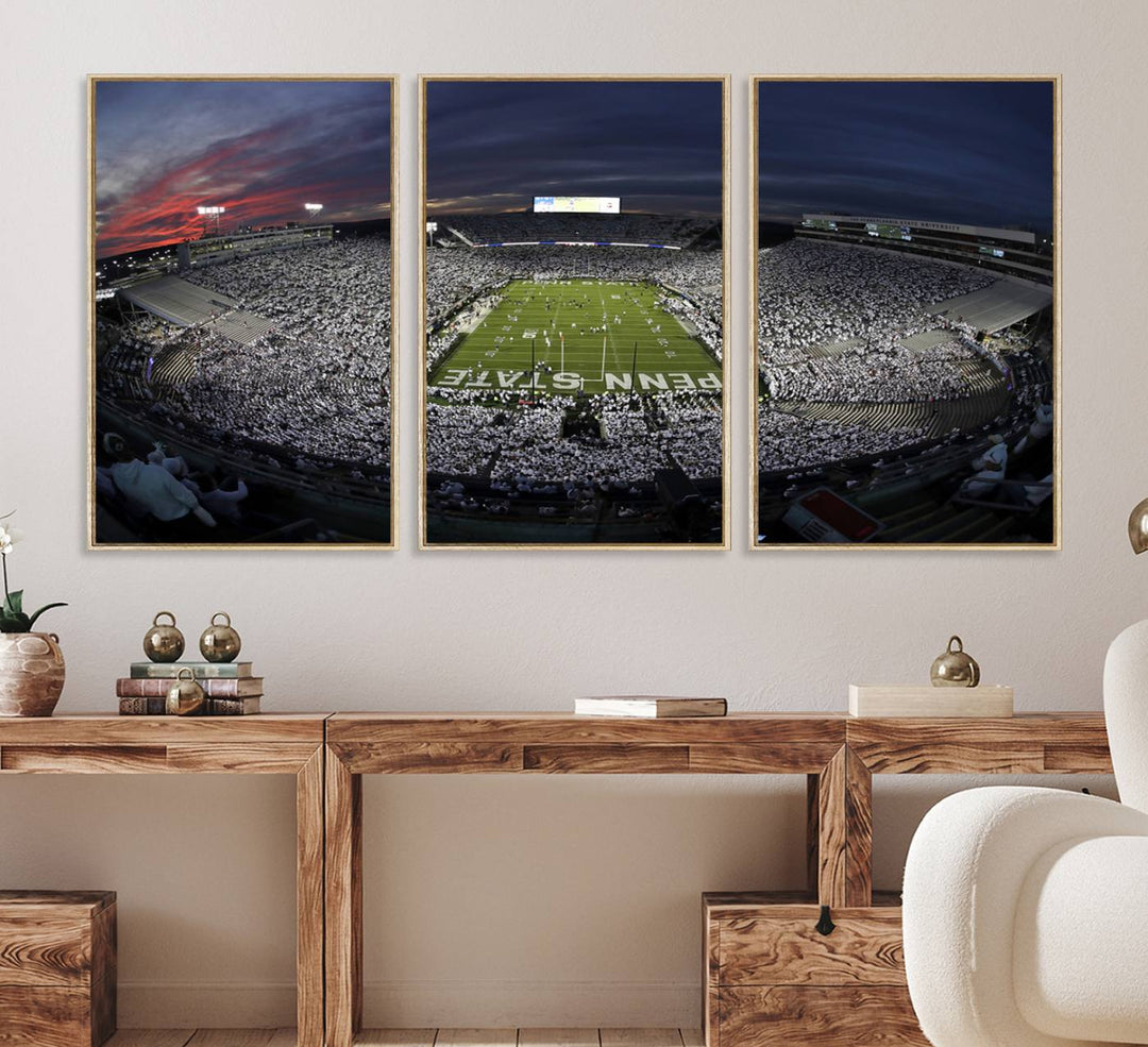 Canvas art capturing the packed Beaver Stadium at dusk, with Penn State emblazoned on the field and a sea of white-clad fans—true perfection.