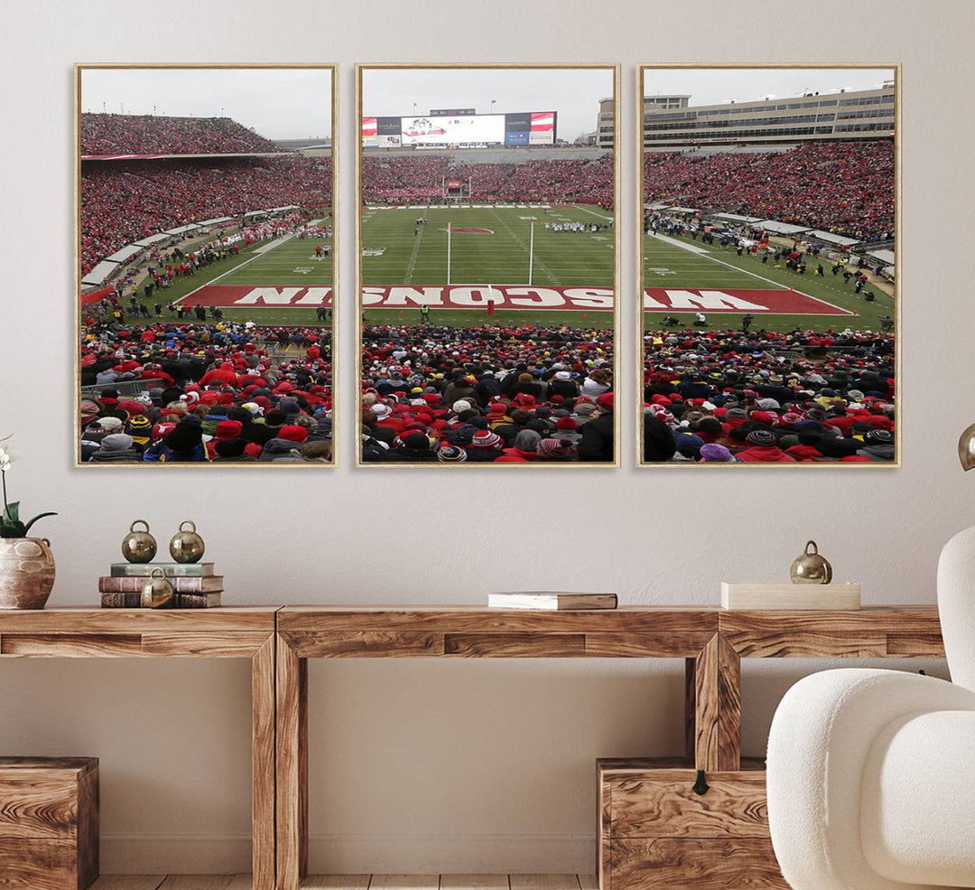 The wall art depicts WISCONSIN in red and white, similar to Wisconsin Badgers Football Canvas Art.