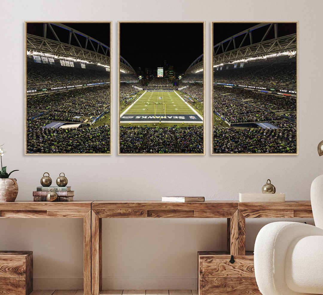 Handmade Seattle Seahawks Stadium Canvas Wall Art Print featuring an aerial view of Night football at CenturyLink Field marked Seahawks.