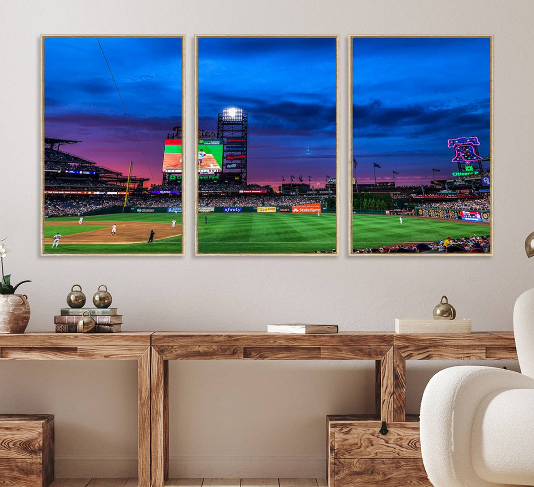 The Phillies canvas print captures a stunning sunset, vibrant signage, and players on the field.