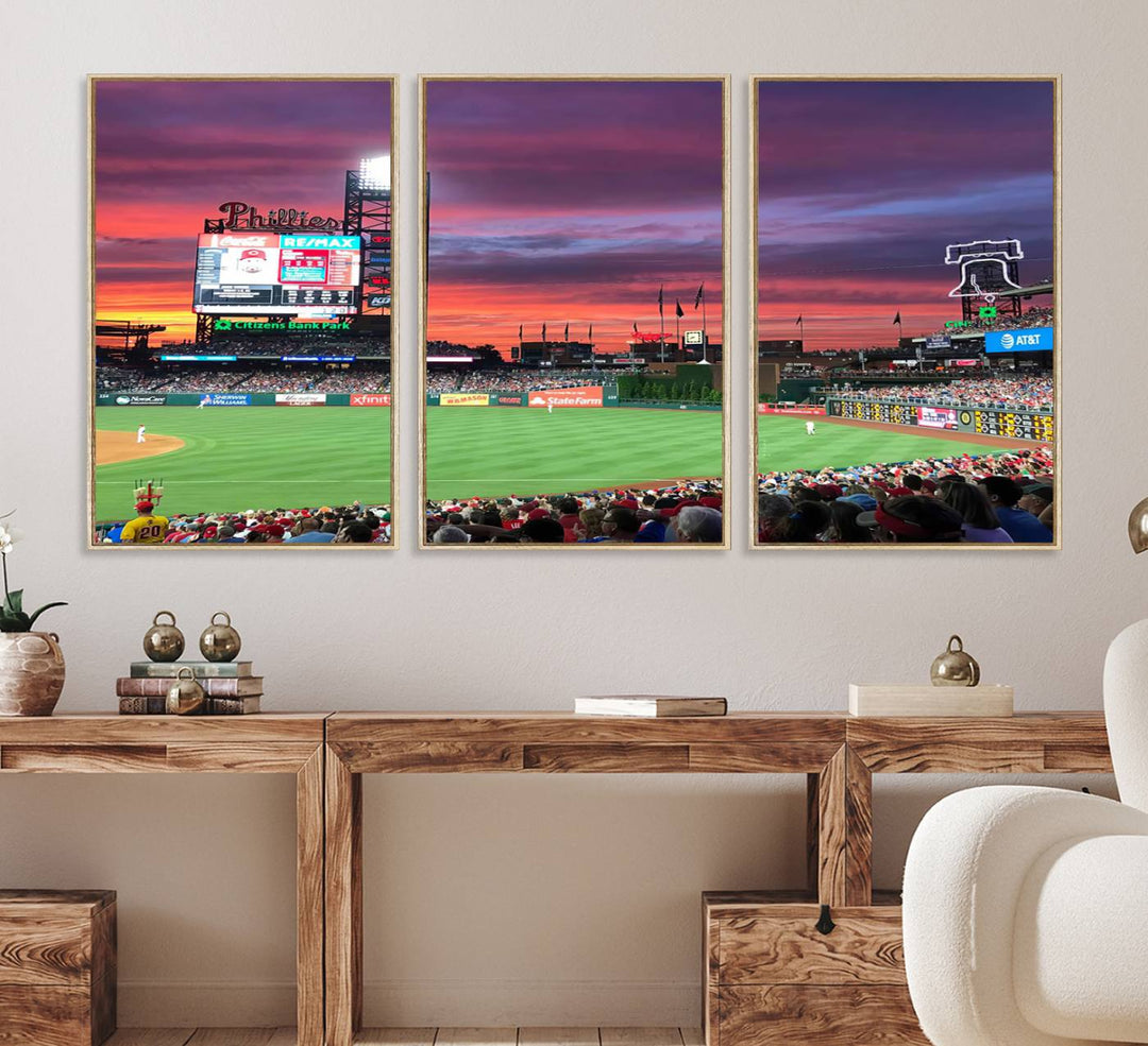 The Philadelphia Phillies canvas print showcases Citizens Bank Park at sunset with a crowd and scoreboard.