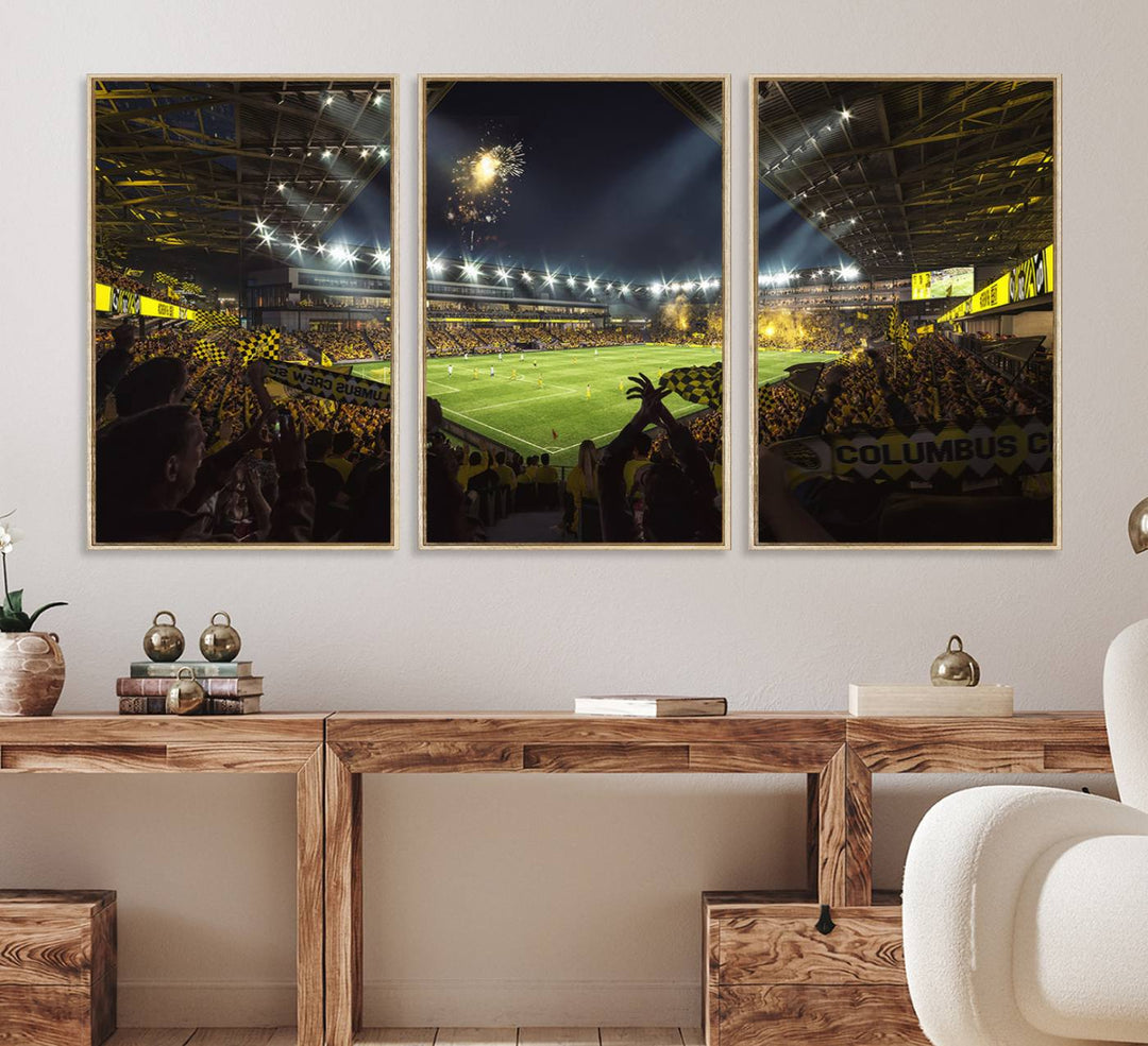 The wall art canvas print captures a packed soccer stadium scene with fans and fireworks.