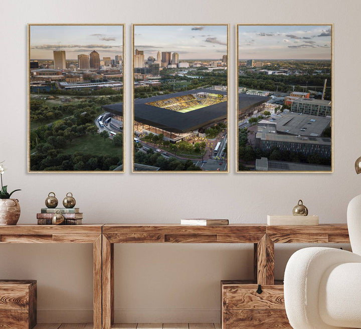 The Columbus Crew Soccer Stadium canvas art adds a vibrant touch to the room.