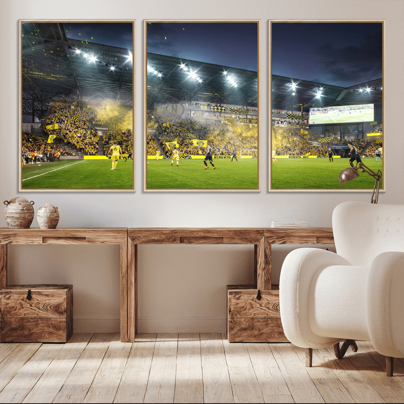 MGV-FC-60X30-3P - Columbus Crew Stadium Match Triple Canvas Wall Art - Dynamic MLS Game Scene Canvas Wall Art