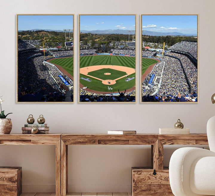 Aerial view of Dodger Stadium captured in gallery-quality on a Dodgers wall art canvas.