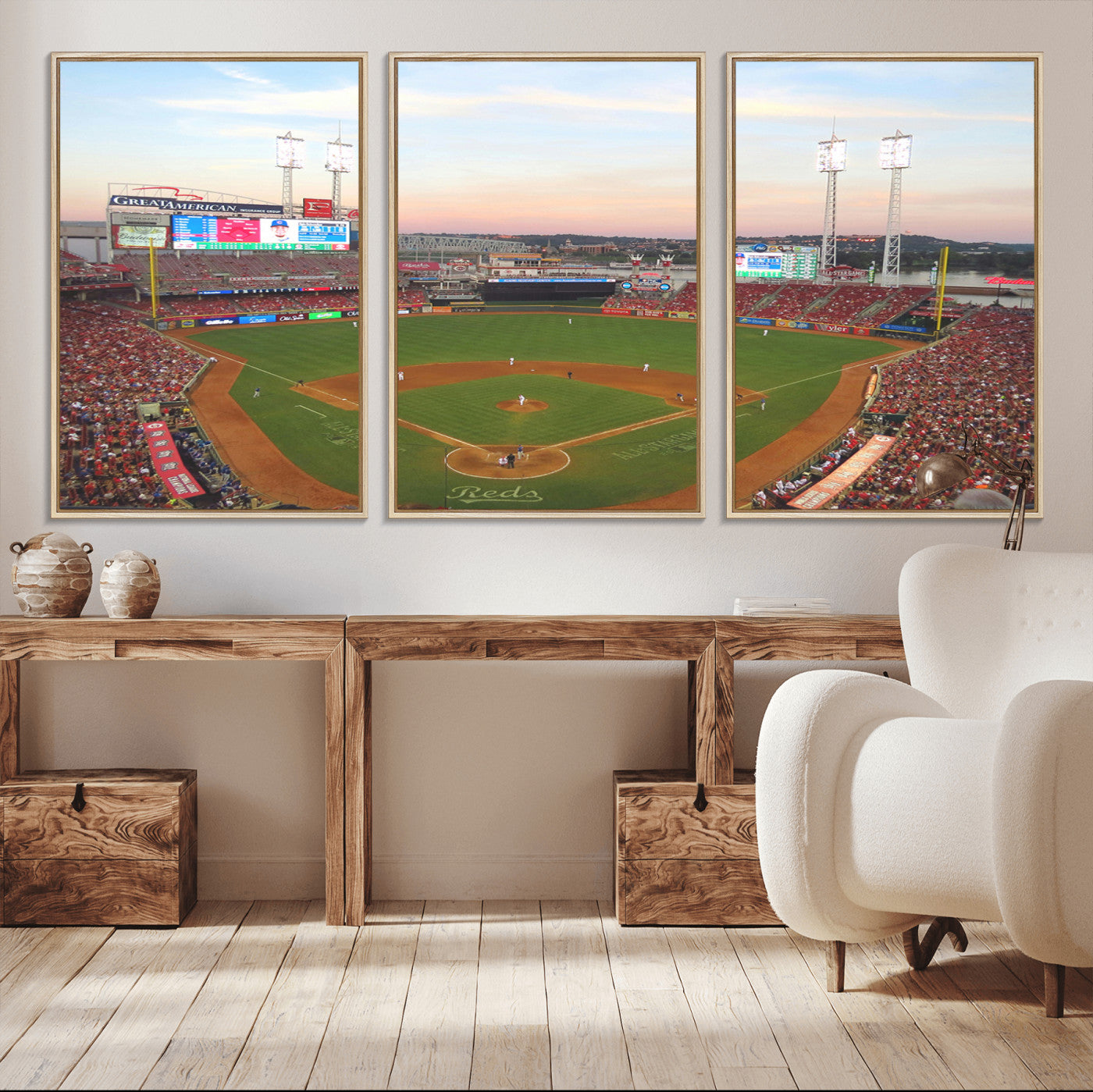 20257-MGV-FC-60X30-3P_Natural-Cincinnati Reds Baseball Print Canvas- Cincinnati Great American Ball Park Stadium Wall Art Canvas