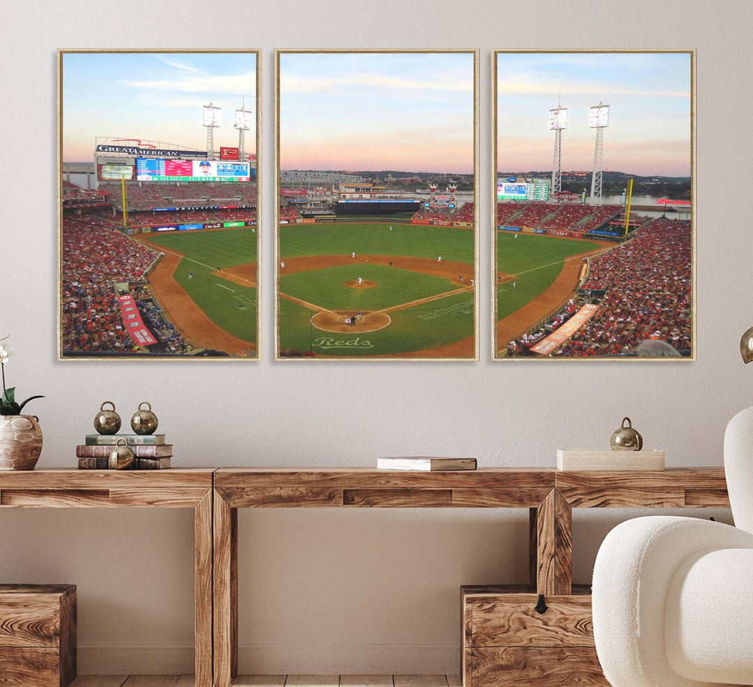 Cincinnati Reds game at sunset: Stadium wall art canvas.