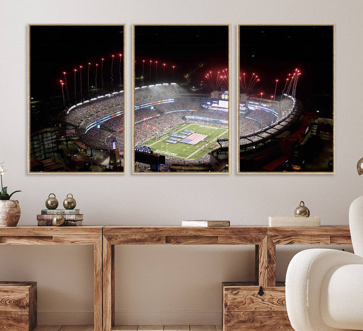 Aerial view of Gillette Stadium with fireworks and flag—ideal for a New England Patriots canvas print.