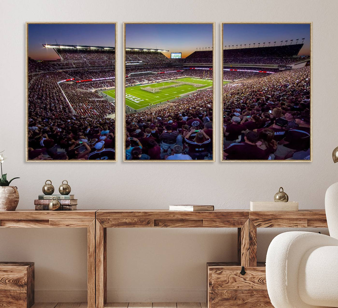 A vibrant canvas print of Texas A&M Aggies at College Stations Kyle Field Stadium captures the energy of fans cheering as the band marches at sunset.