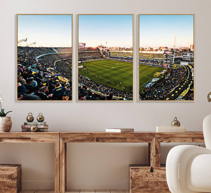 The wall art canvas print vividly captures the dynamic soccer culture at Bombonera Stadium with its vibrant depiction.