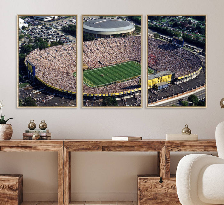 Aerial view of Michigan Wolverines college football culture on a stadium canvas wall art.