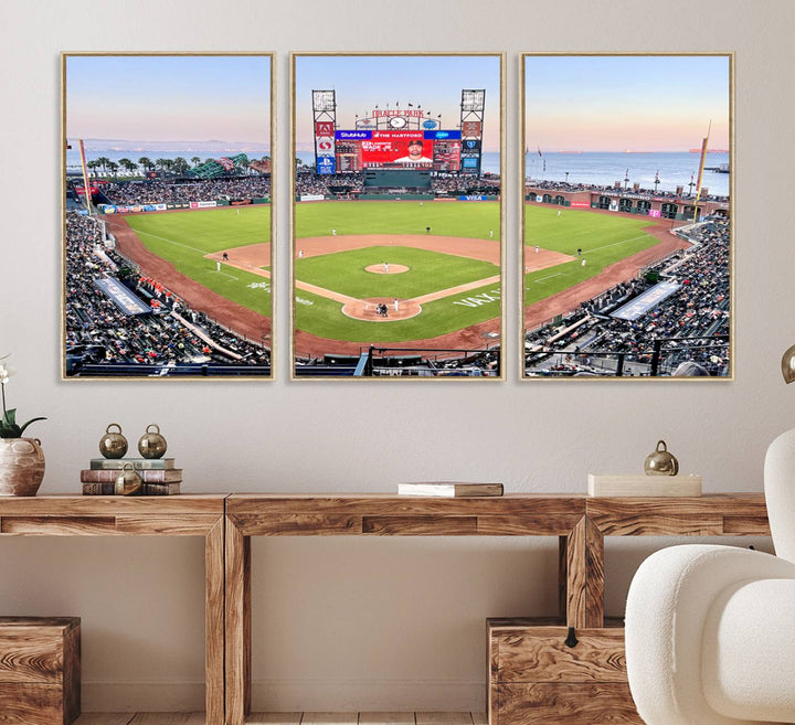 Gallery-quality canvas print of Oracle Park Stadium showcasing a waterfront view from behind home plate.