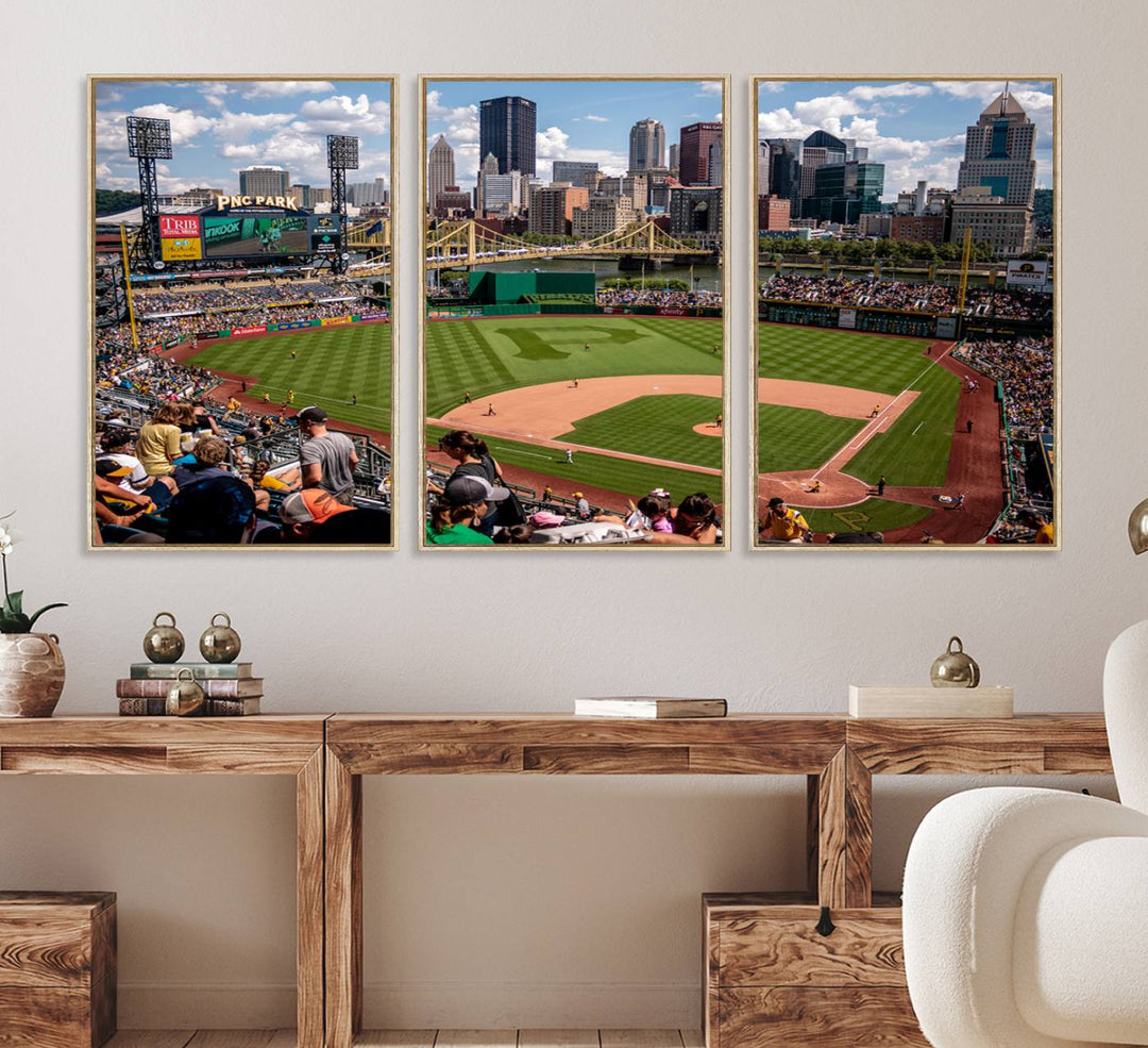 PNC Park Stadium canvas print features a lush field and city skyline, ready to hang.