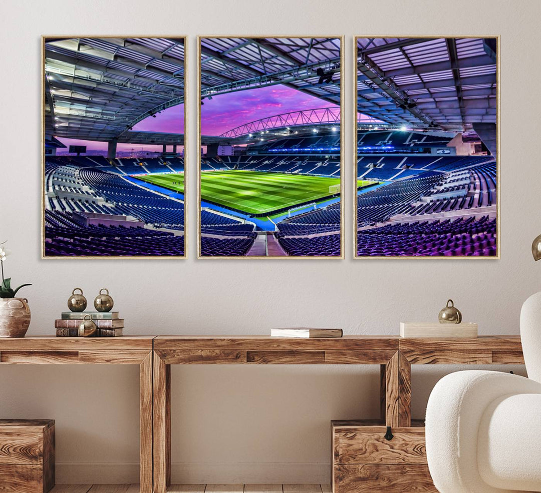 The FC Porto Soccer Team Dragon Stadium Wall Art Canvas Print decorates the room.