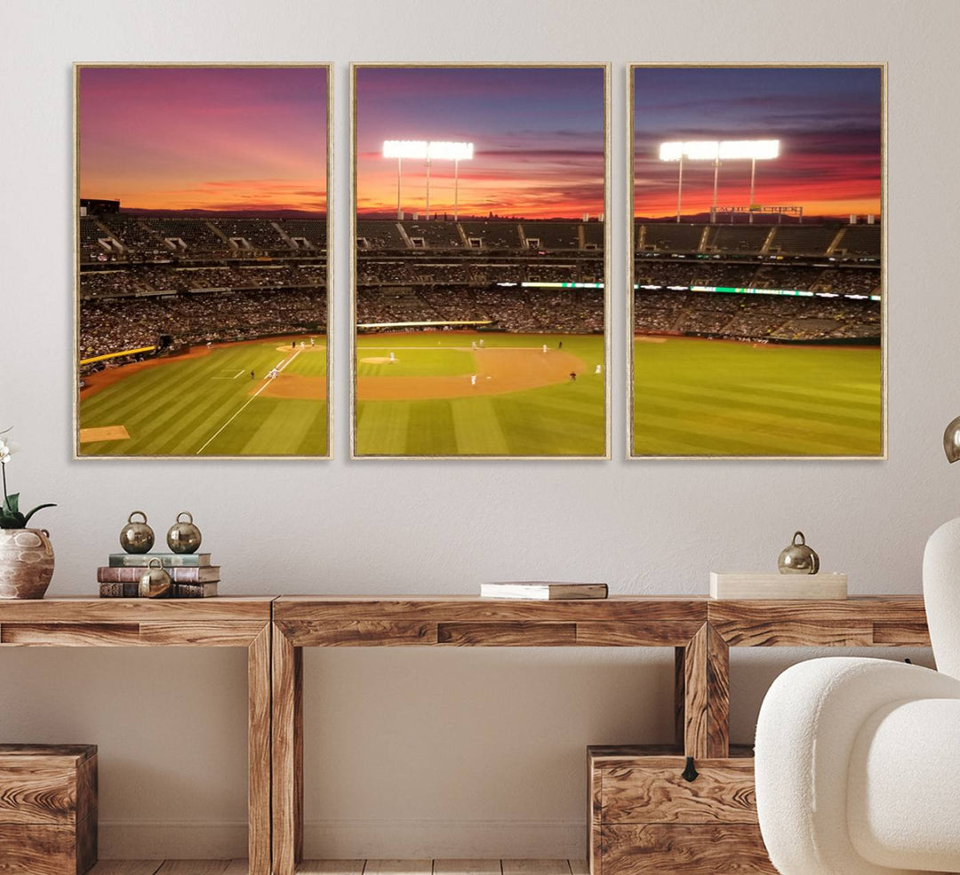 The Oakland Coliseum print is a museum-quality canvas depicting a full crowd and a sunset.