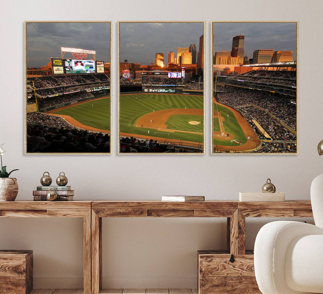 Baseball at Target Field, sunset game, city skyline view.