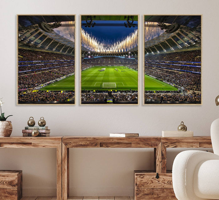 A stunning Tottenham Hotspur Stadium wall art captures the energy of a stadium packed with fans and vibrant lights.