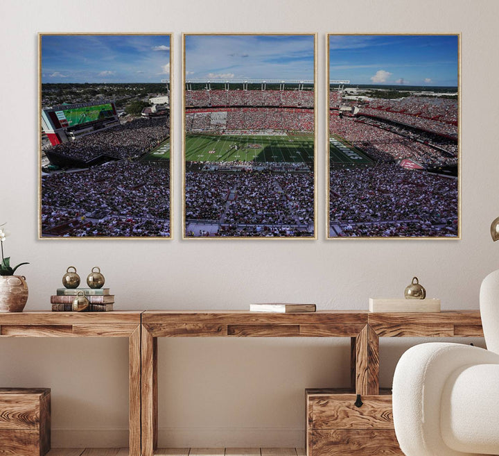 The wall art is a South Carolina Gamecocks print, showcasing Williams-Brice Stadium from a distance under clear skies.