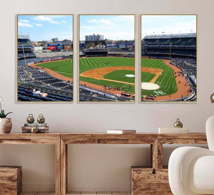 The living room features a Buffalo Bills Stadium wall art.