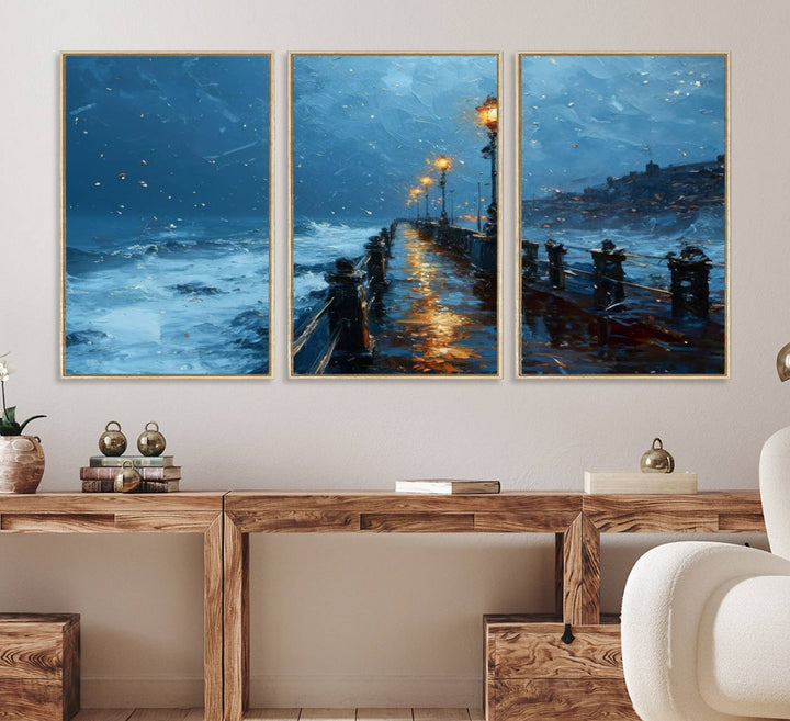 A framed oil painting depicts a stormy night at a beach pier, with glowing lamps and waves beneath a snow-filled sky.