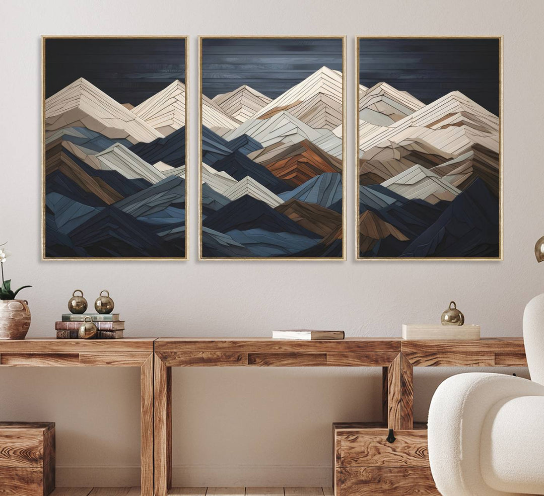 Abstract wood mountain range wall art in a 3-piece set featuring shades of blue, brown, and cream, ideal for modern rustic decor.