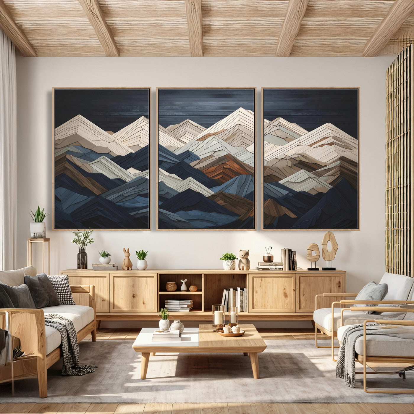 12896-MGV-CV-36X24 - Wood Mountain Range Wall Art - Ready to Hang 3-Piece Set for Modern Rustic Decor, Abstract Wooden