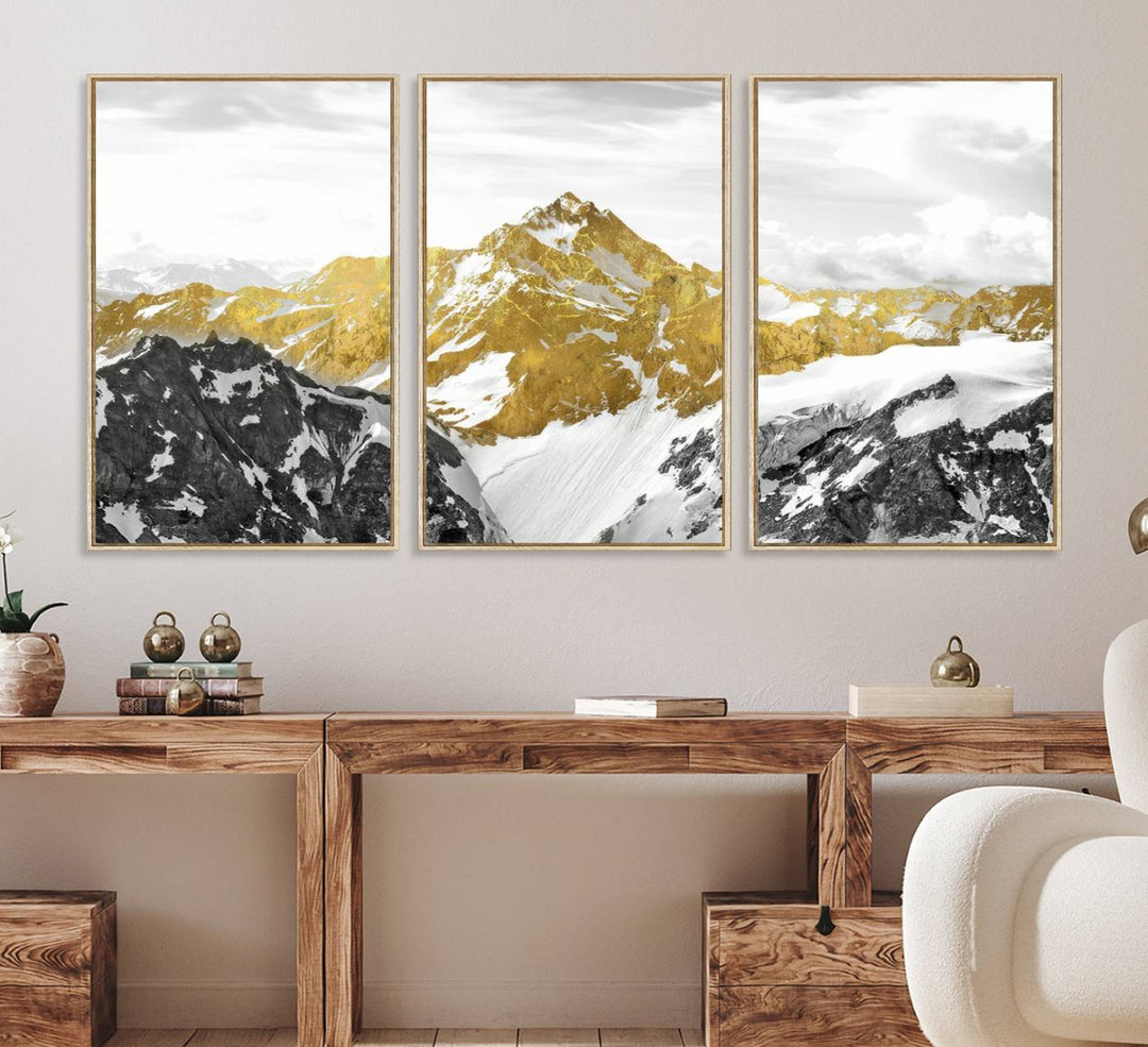 Gold Abstract Mountains Wall Art Print on Canvas.