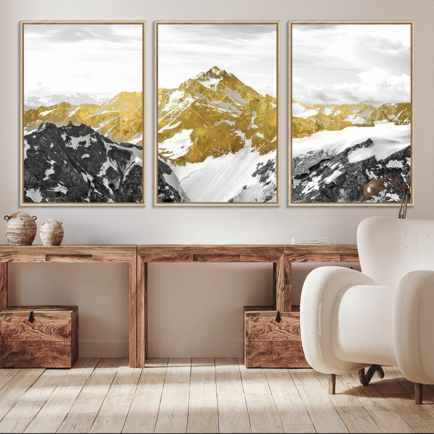 MGV-FC-60X30-3P - Gold Abstract Mountains Wall Art Print on Canvas, Nature Wall Art Print,