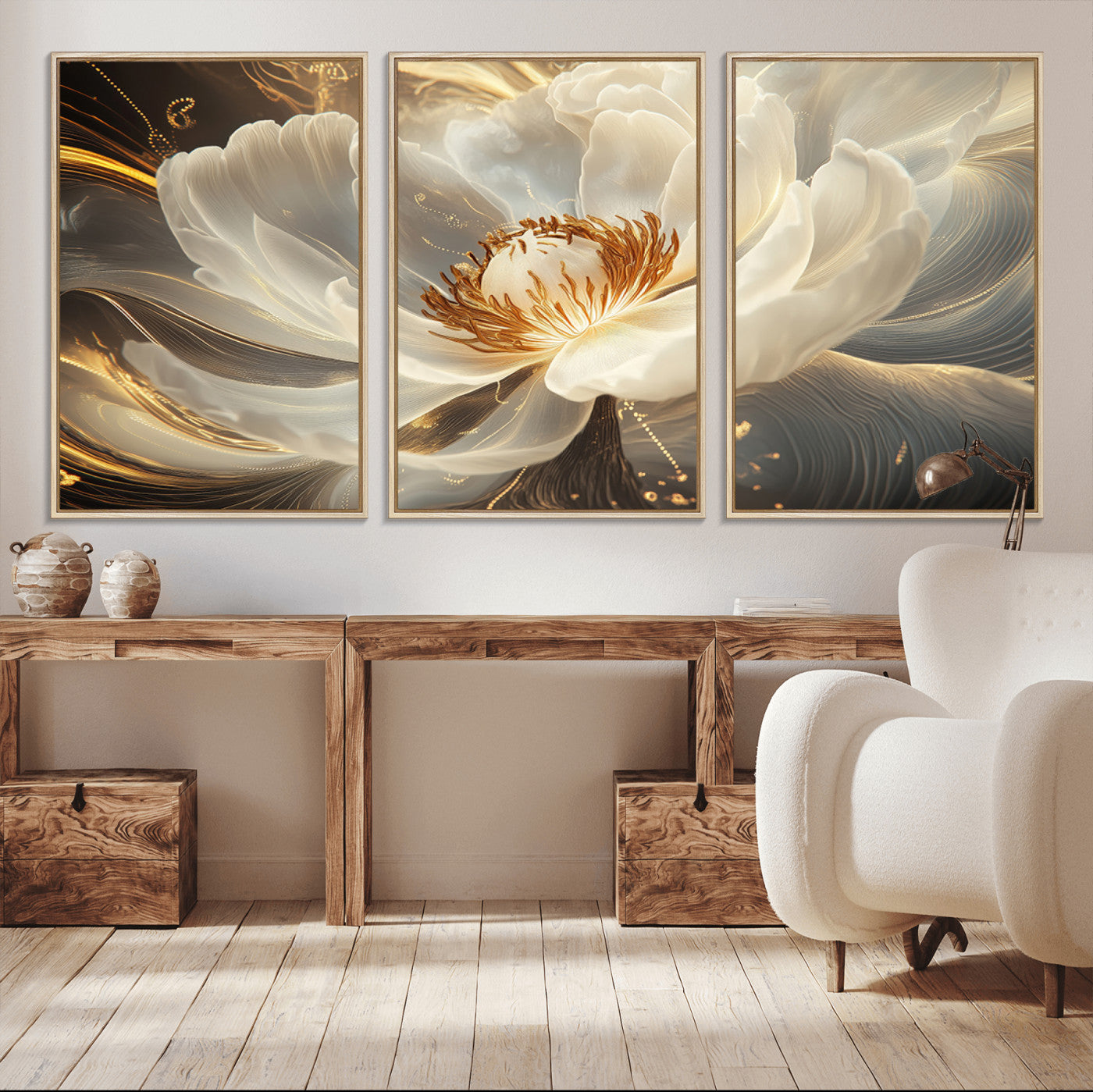 88383-MGV-CV-36X24-Gold Floral Wall Art Canvas Print, Framed Modern Flower Art Picture Print, Golden Abstract Perfect Vintage Decor Artwork