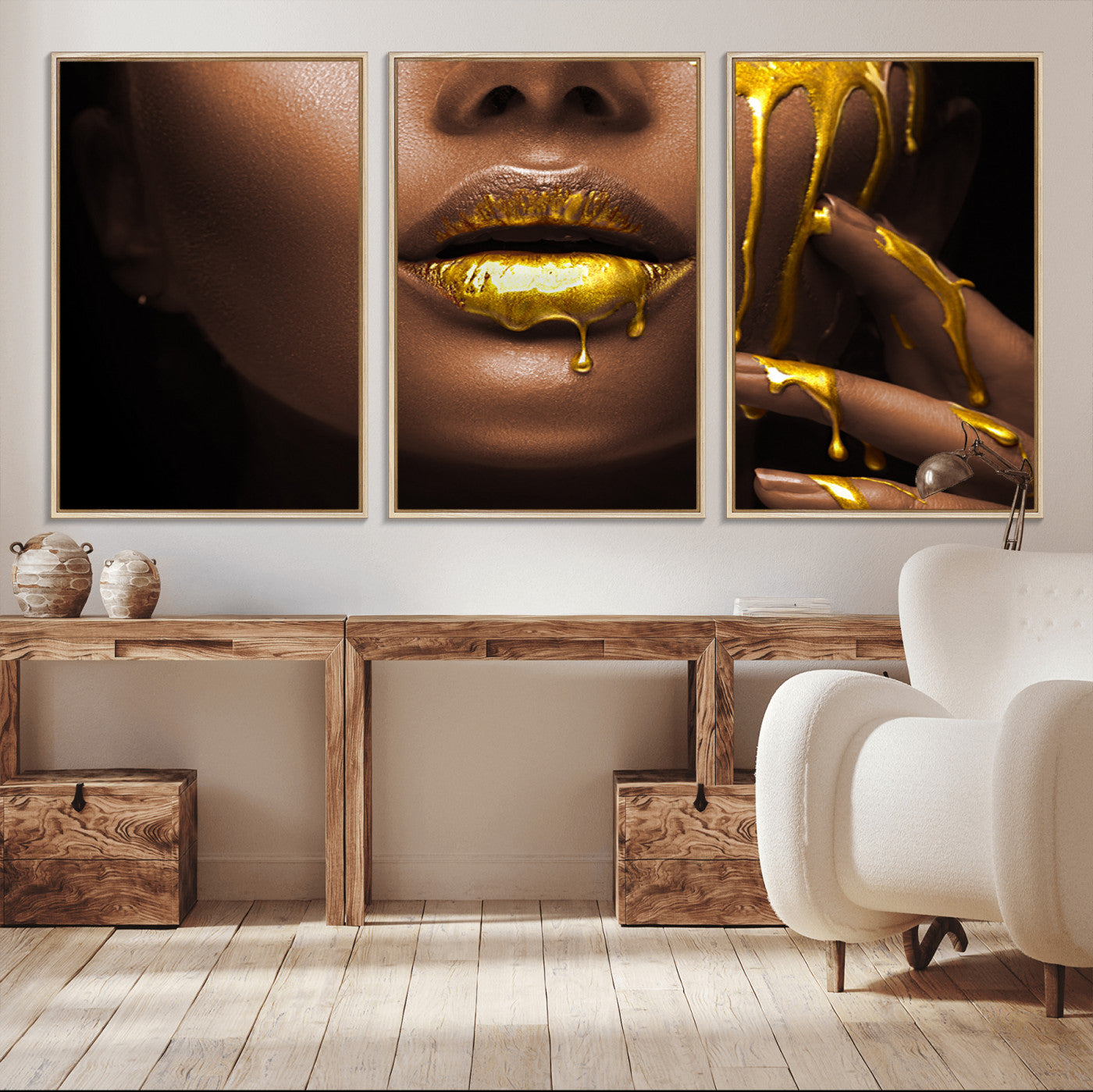 MGV-FC-60X30-3P - African American Art Black Woman Canvas Print, African Wall Art, Fashion African Woman Gold Lips