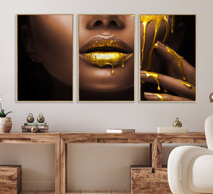 African American Art Canvas Print of a Black Woman with Gold Lips.