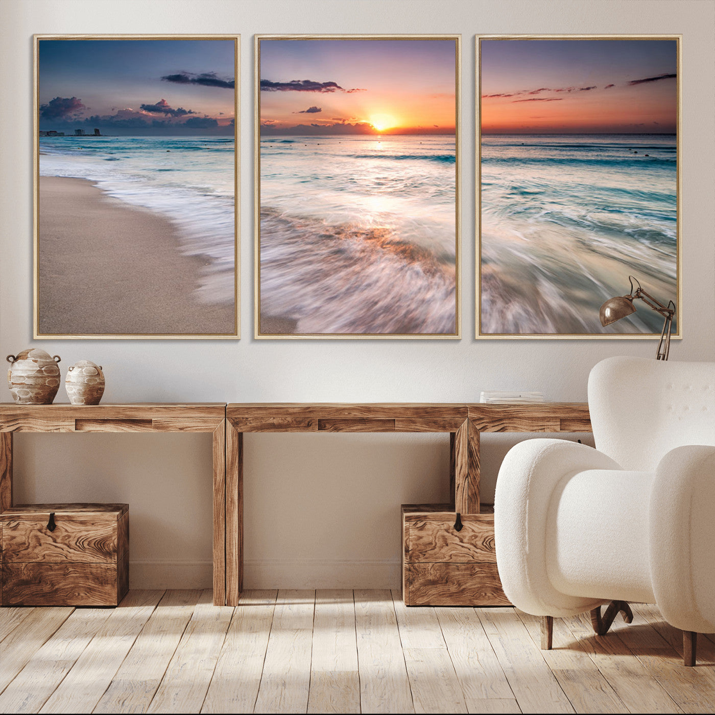 MGV-FC-60X30-3P - Sunset Beach Wall Art – Soothing Coastal Landscape, Ready to Hang for Tranquil Home Decor