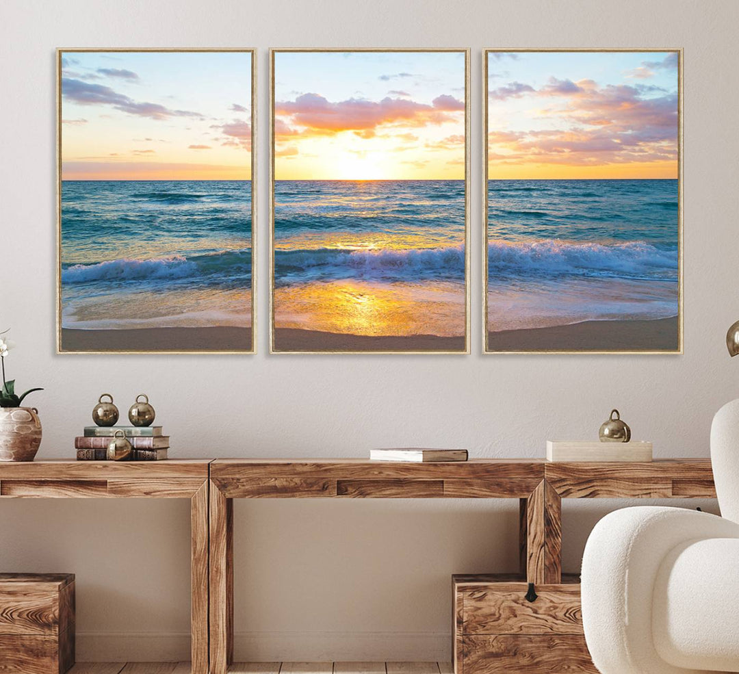 The Golden Sunset Over Ocean Waves painting depicts a vibrant sky.