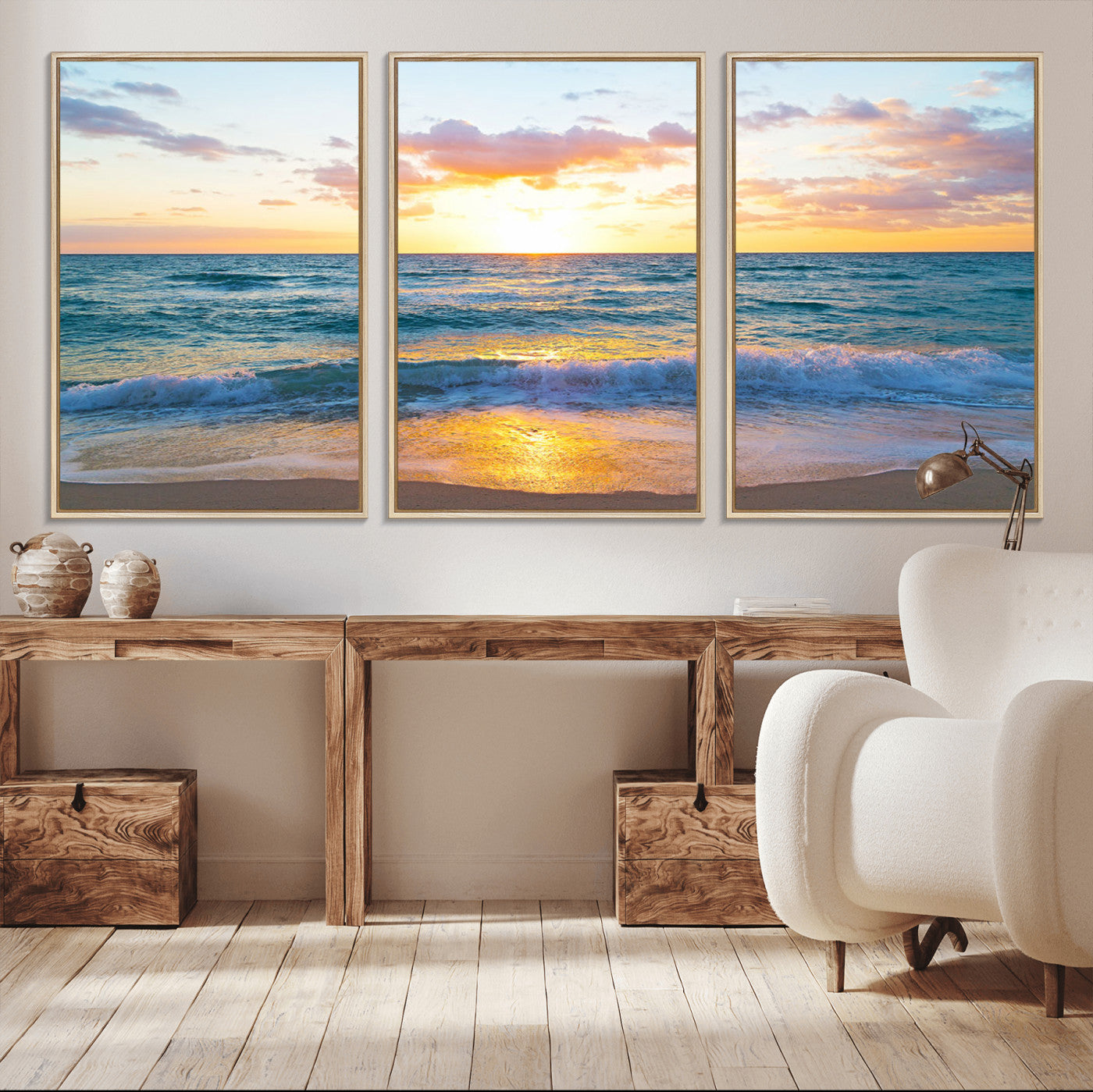MGV-FC-60X30-3P - Golden Sunset Over Ocean Waves - Serene Coastal Triptych Wall Art for Relaxing Home Decor, Ready to