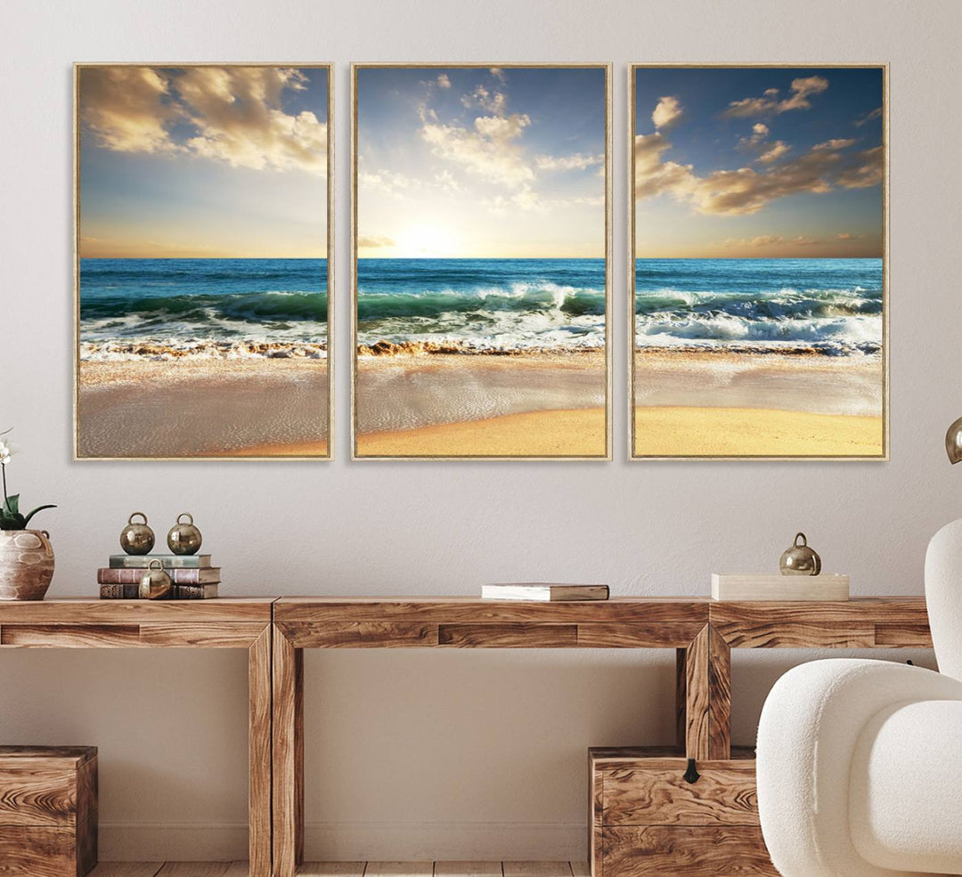 A Golden Sunset Beach triptych adorns the wall.