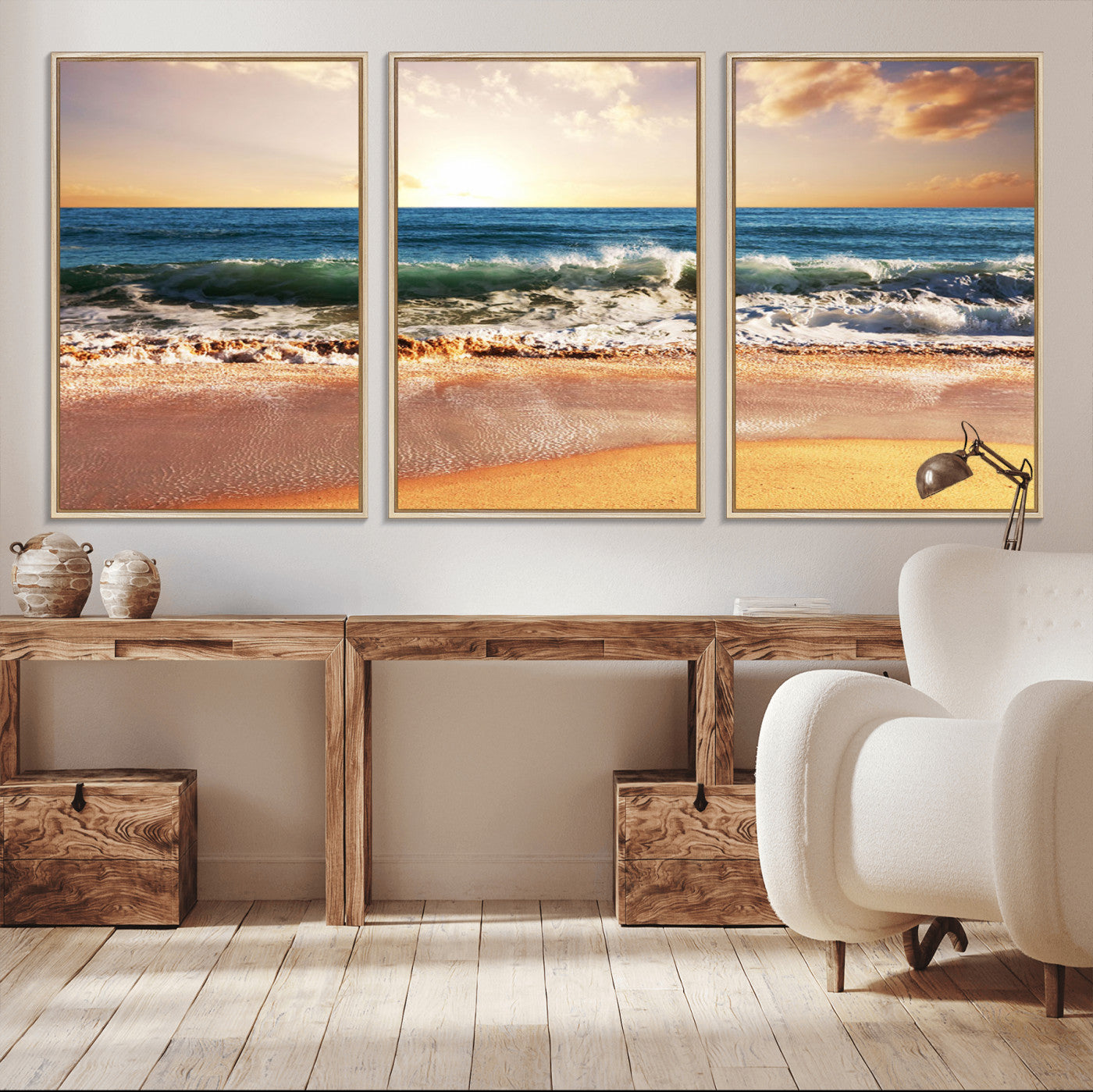 MGV-FC-60X30-3P - Sunset Beach Wall Art - 3-Panel Framed Canvas Print, Ready to Hang Ocean Sunset for Coastal and